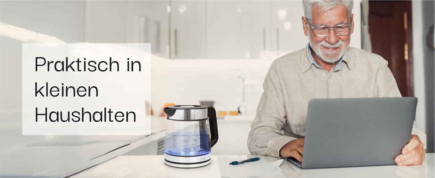 Скляний чайник LEBENLANG 1,2 л з LED-підсвічуванням - нержавіюча сталь, BPA-Free | Чайник для подорожей, кемпінгу