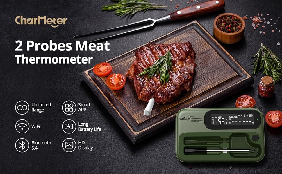 Бездротовий термометр для м'яса з Bluetooth 5.1, 100 м, додаток з рецептами, LED дисплей, для приготування їжі, духовки, BBQ, гриля