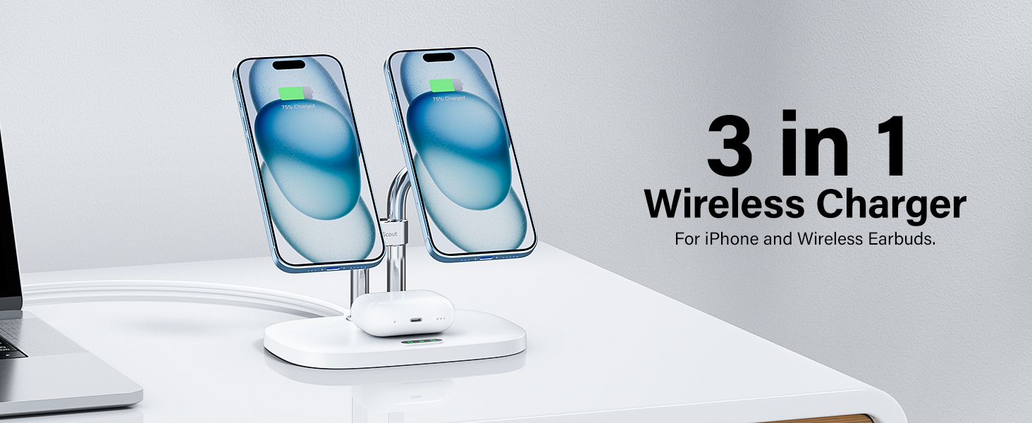 Бездротова зарядка SwanScout для iPhone 17/Air, AirPods Pro 3/2, 2 телефони (біла)