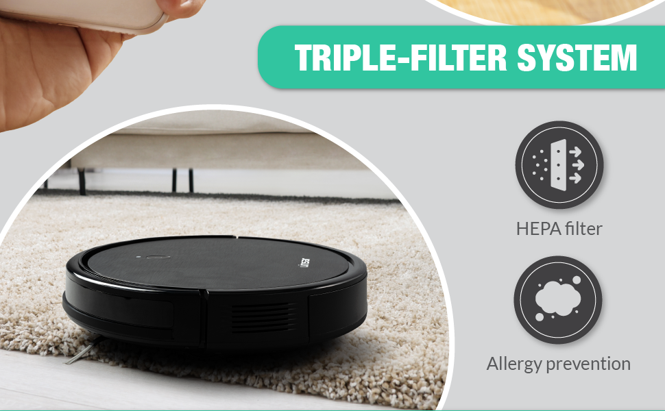 Робот-пилосос з функцією миття - 2в1. Робот-пилосос з додатком, акумулятором 120 хв, для килима, шерсті тварин та твердих підлог. З зарядну станцією та пультом дистанційного керування (Чорний)