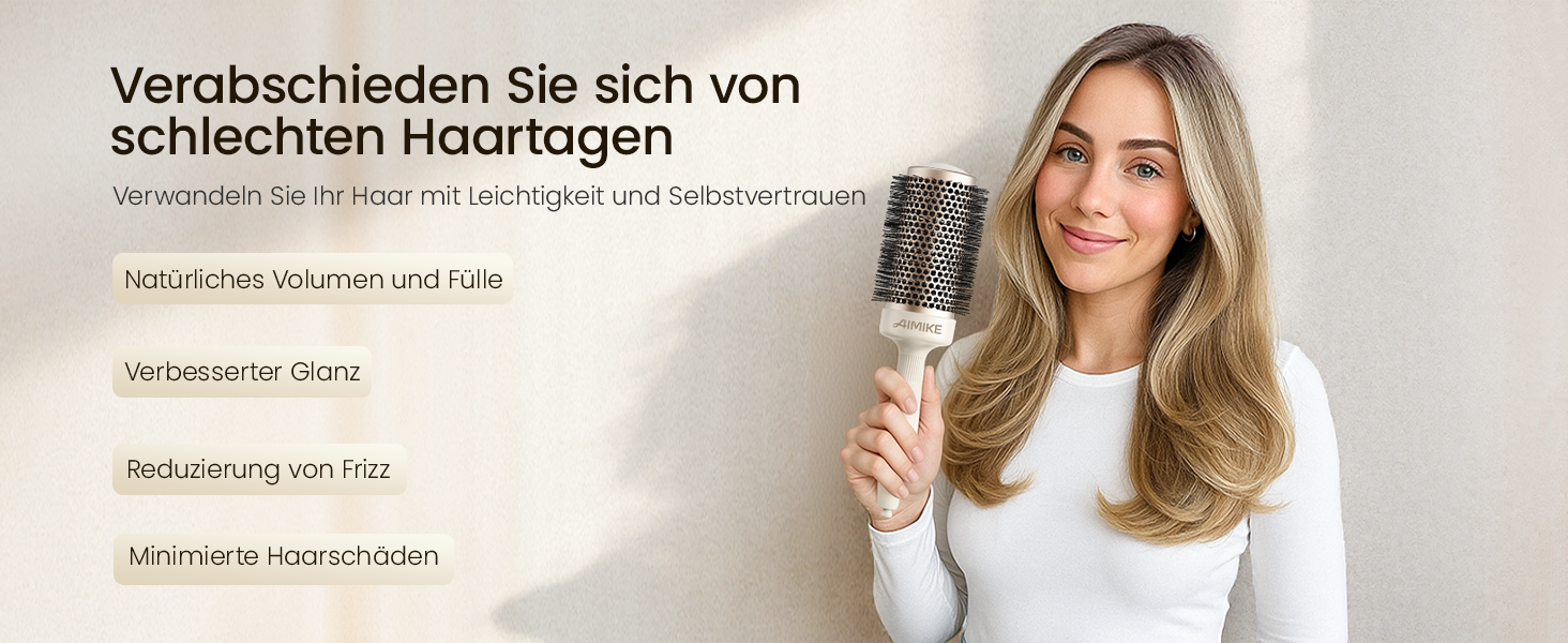 Кругла щітка для укладання волосся AIMIKE NaturaVol, 53 мм з щетиною, для об'єму та гладкості, з 2 затискачами