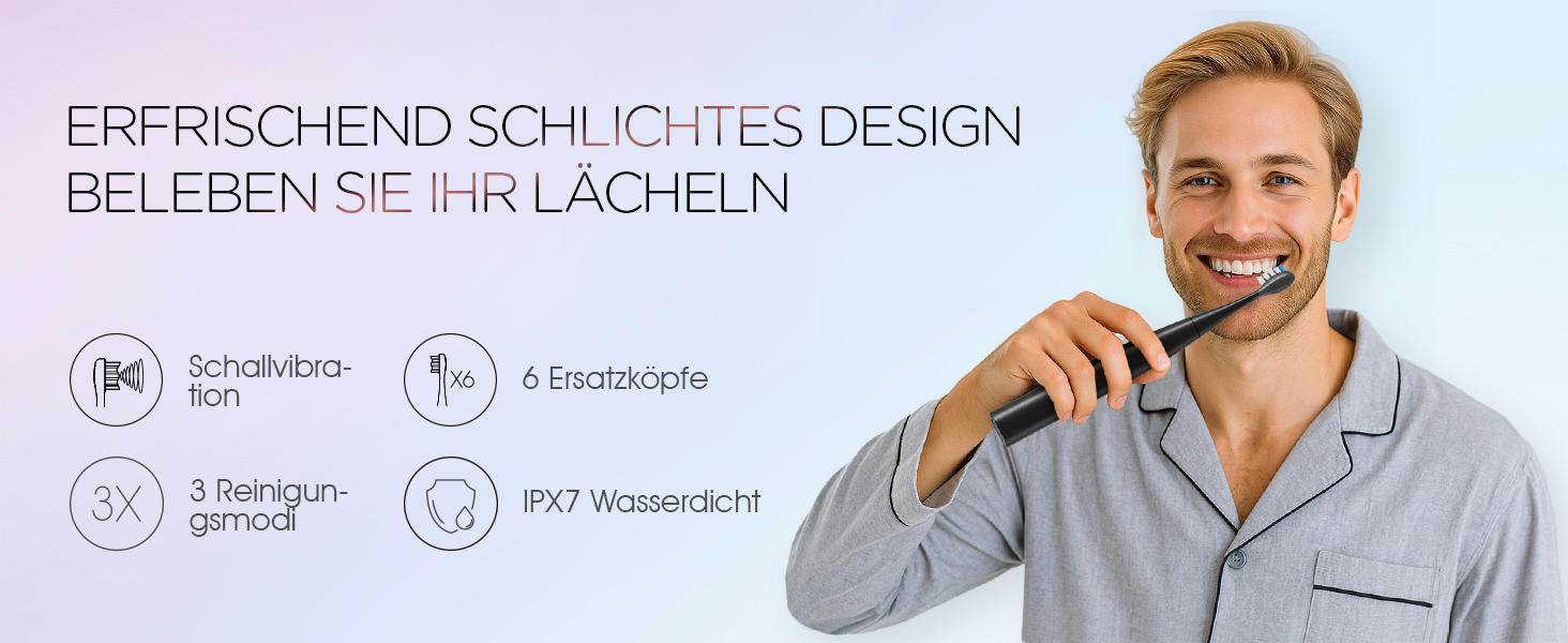Електрична звукова зубна щітка Ultraschall ET110 (Чорна) - 41000 VPM, 70 днів роботи, 6 насадок, таймер, IPX7