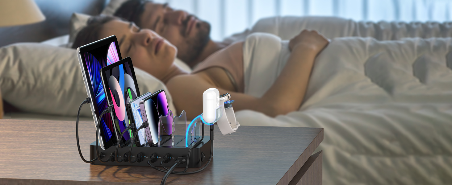 Зарядний хаб SooPii USB 60W/12A з 6 портами, органайзер для декількох пристроїв, з тримачем для Apple Watch, 6 кабелів у комплекті (Чорний)