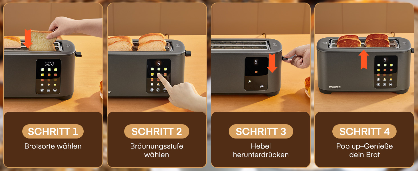 Тостер на 4 підсмажувальні слоти, 1400W, нержавіюча сталь, довгі слоти, 9 режимів підсмажування, 3 види хліба, функція відключення, розморожування та підігріву, сенсорне керування, з насадкою для бутербродів (сірий)