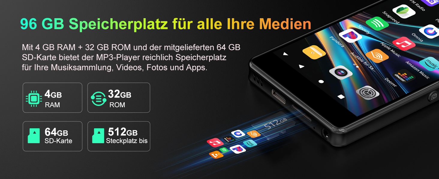 MP3 плеєр 96GB з Bluetooth, WiFi, Android 13, камерою та гучномовцем. Плеєр MP4 для Spotify, Kids, Audible, Amazon Music, Play Store - Чорний