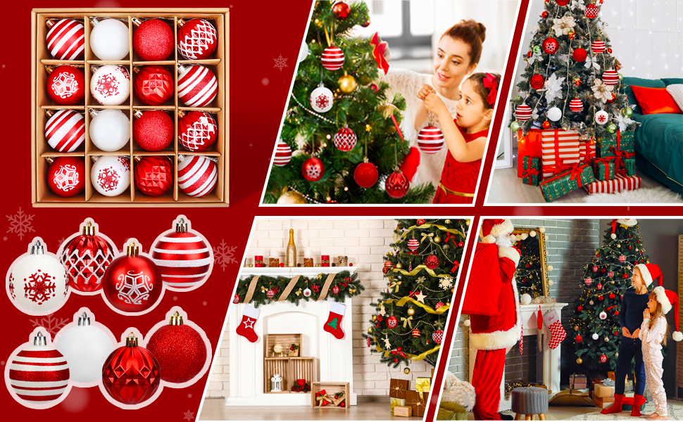 16 штучок новорічних кулі пластикові, 6 см, прикраси для ялинки, декор на Різдво, для дому, святкування, вечірки (червоний та білий)