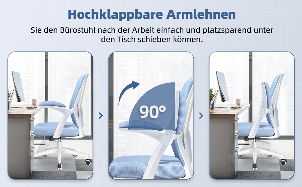 Ергономічне крісло для офісу з регульованою поперековою підтримкою, відкидними підлокітниками, поворотним механізмом та регулюванням висоти, блакитне