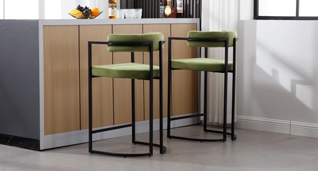 Kitchen Counter Stools Set of 2 - Velvet Upholstered Bar Stools - Modern Breakfast & Bistro Chairs for Dining Room - Green
