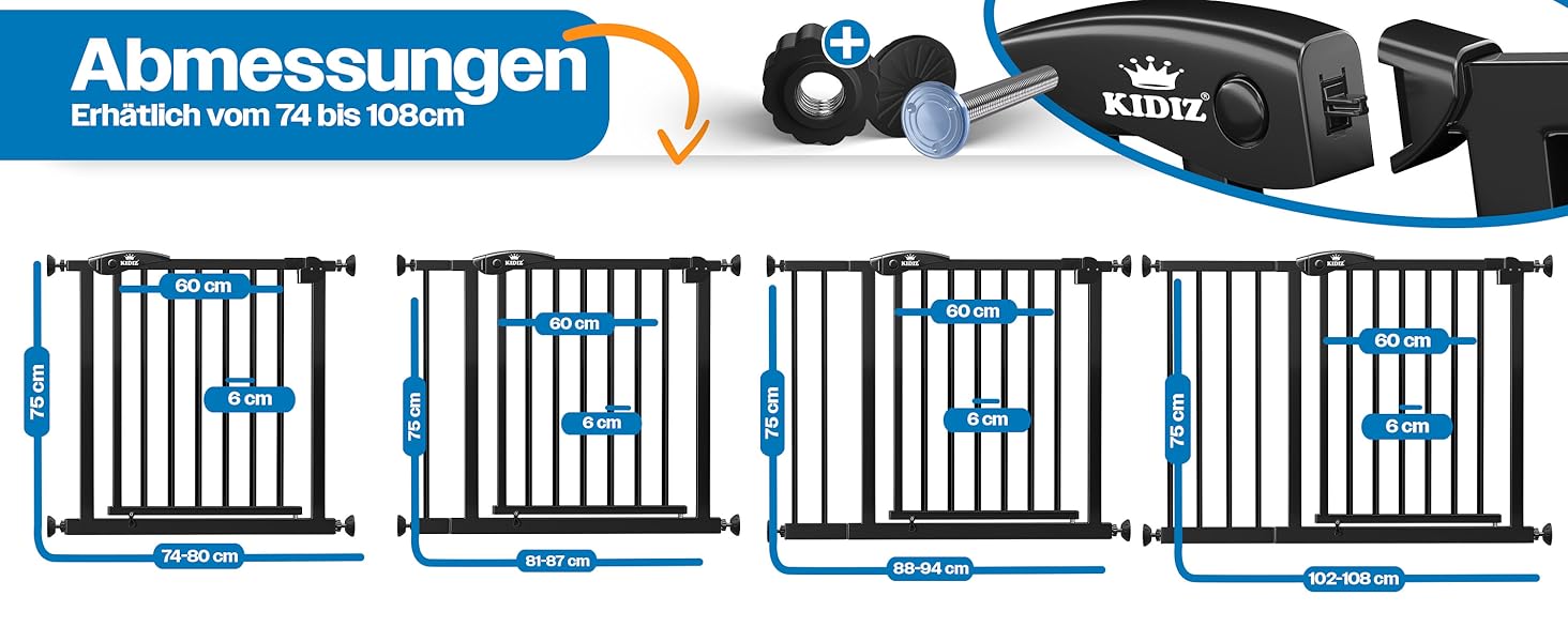 Захист для сходів KIDIZ без свердління | Ширина: 74-80 см, висота 75 см | Захист від падіння для дітей та собак | Одноручний відкривання, система Open-Stop 90°, сірий