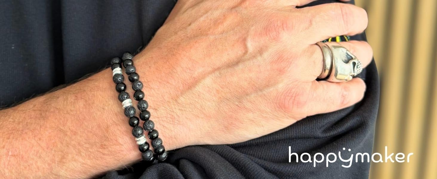 Браслет чоловічий Happymaker з чорного турмаліну, лавового каменю та срібла 925, еластичний, ручної роботи (Німеччина) 19 см