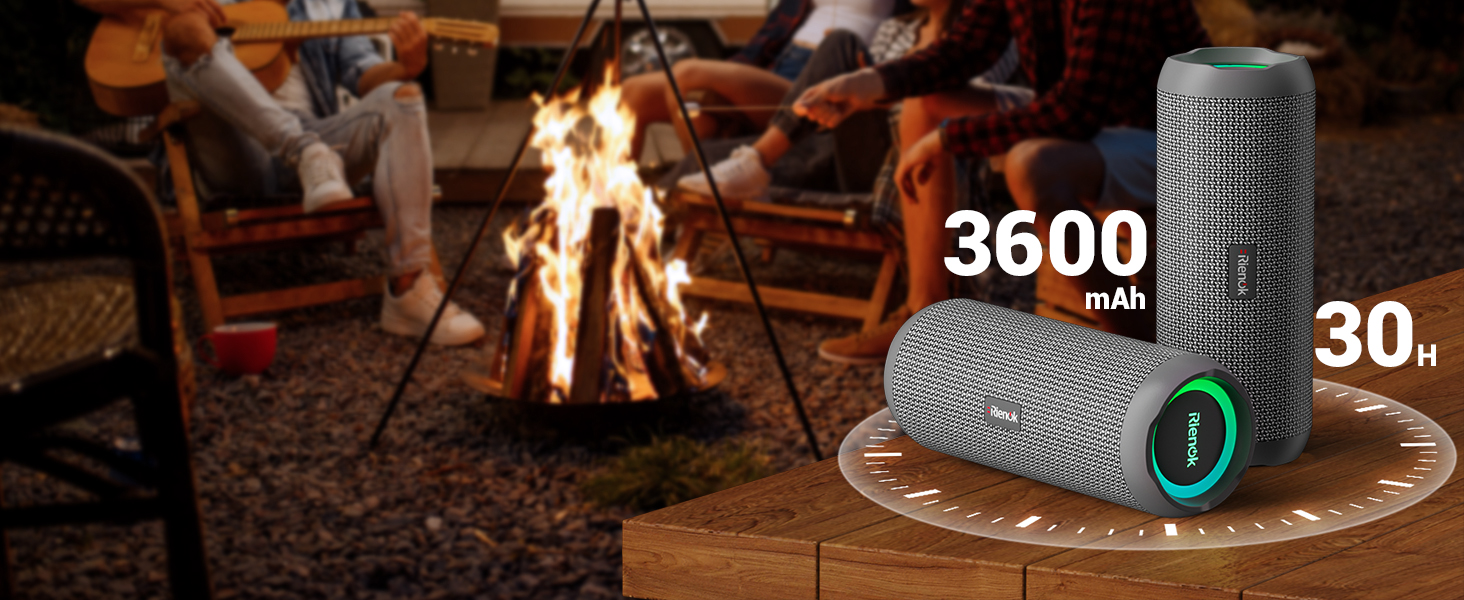 Портативна Bluetooth колонка RIENOK з підсвіткою, IPX7, 3600 mAh, баси, стерео звук (Сірий)