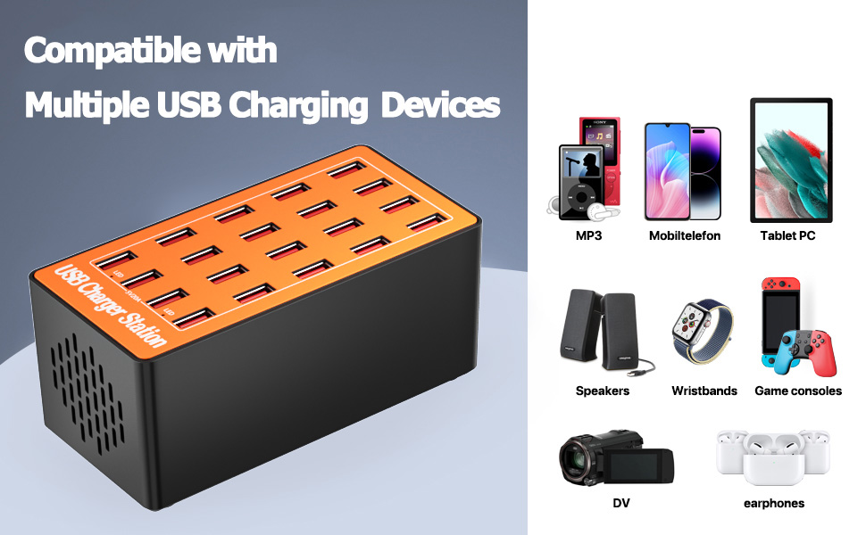 USB зарядний пристрій на 20 портів: Інтелектуальна станція для зарядки iPhone, Samsung, Google та інших пристроїв. Мережевий адаптер USB-хаб для десктопу