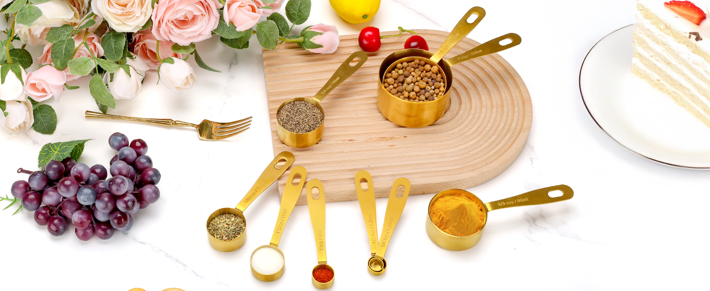 Набір мірних стаканів та ложок Cuteefun Gold, 13 предметів, нержавіюча сталь: мірний стакан 5 чашок, 8 магнітних ложок з рівнем для вимірювання сухих та рідких інгредієнтів для випічки та приготування їжі