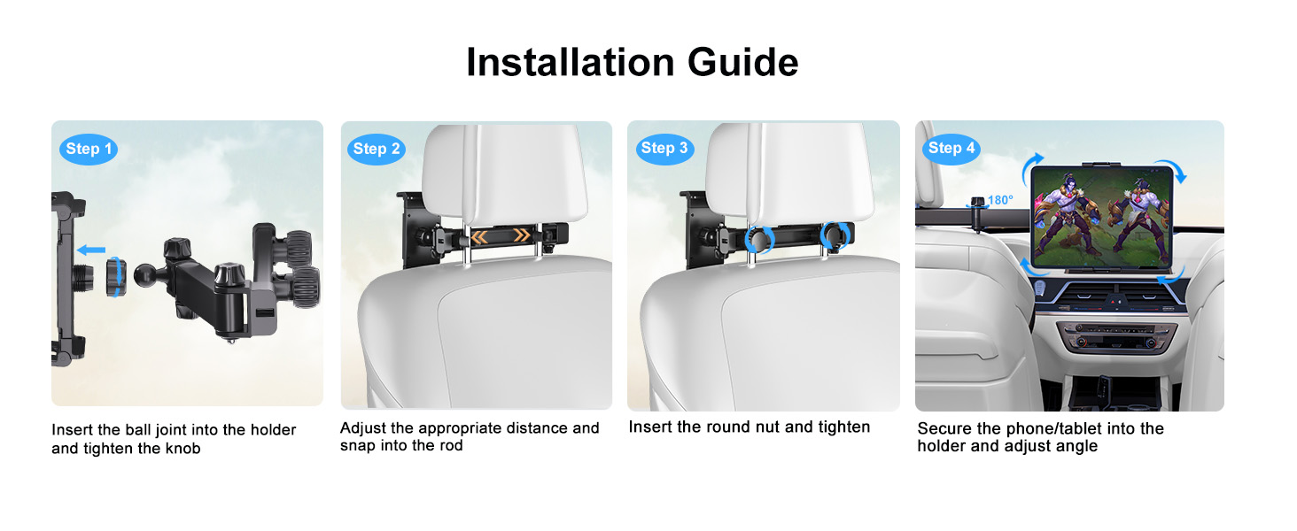 Тримач для планшета в авто PLDHPRO: кріплення на підголівник, сумісний з iPad, Samsung, Android, FireHD, 5.1'-15.6'