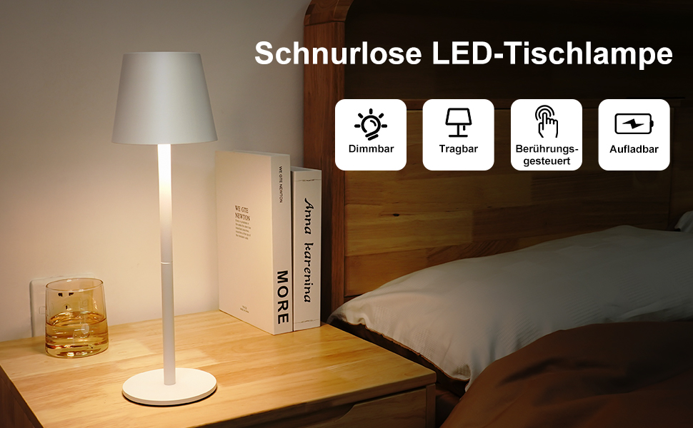 LED настільна лампа акумуляторна бездротова з сенсорним керуванням, USB-C, димування, 3 режими світла, регульована висота, IP54 водонепроникна для ресторану, спальні, бару, вулиці - біла