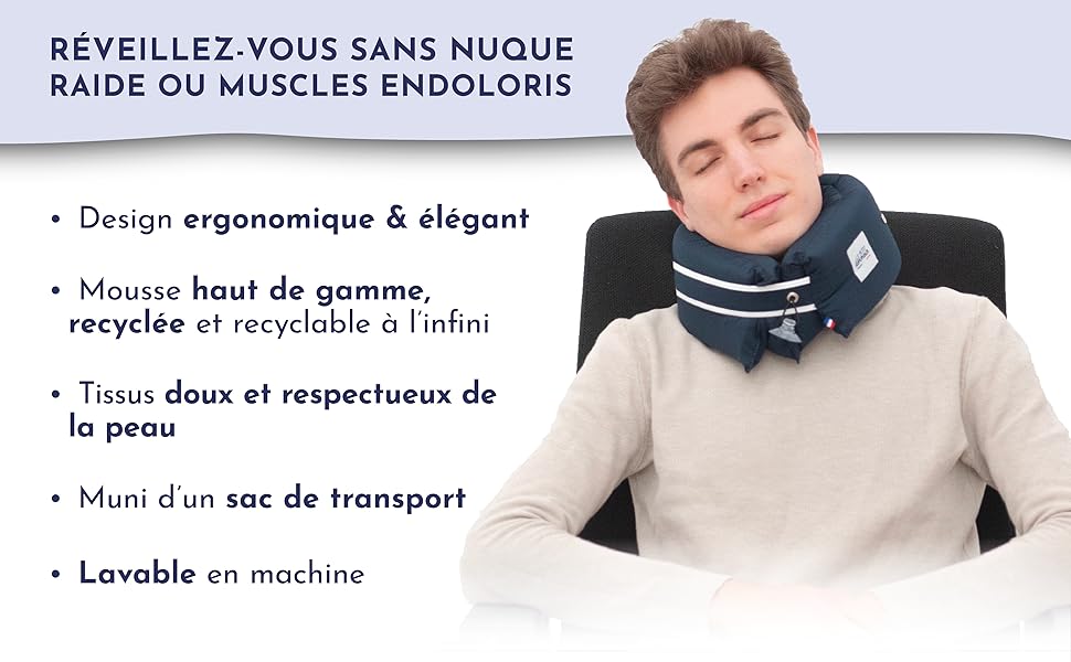 Подушка для подорожей Le Pe Dormeur, ергономічна, 3-в-1, ультракомфортна, компактна, виготовлена у Франції, пральна – Колір: Нічний блакитний