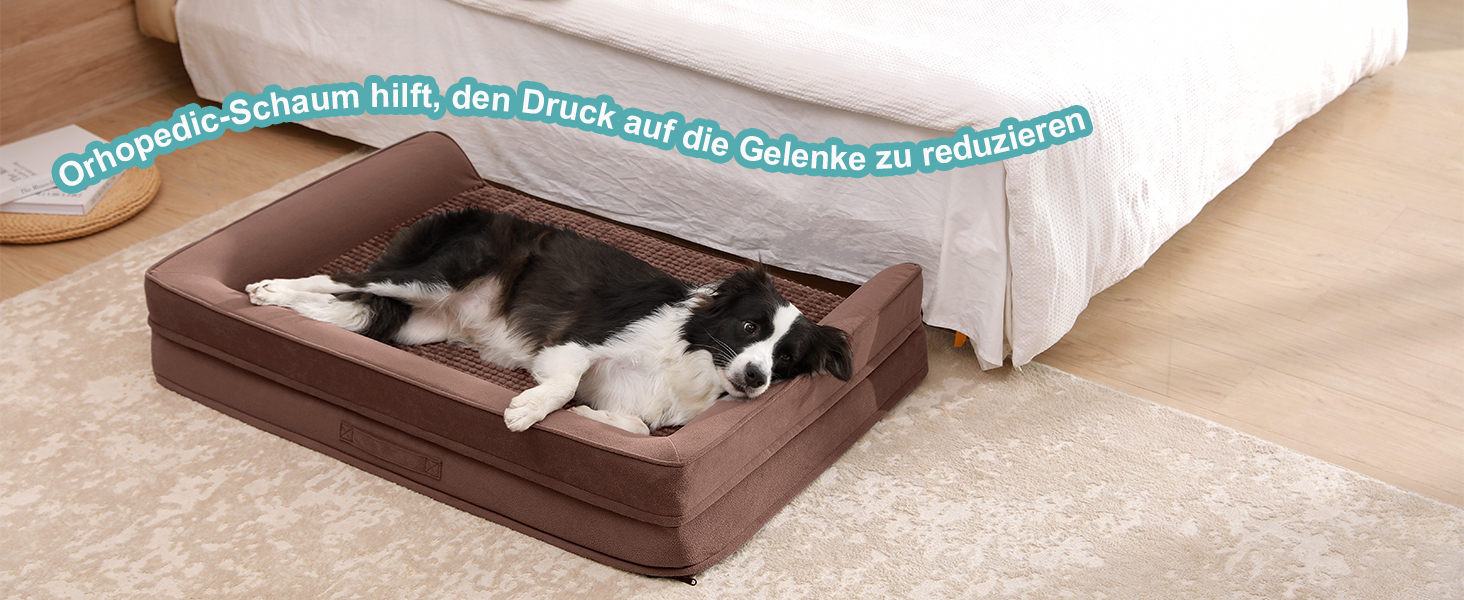 Ортопедичне ліжко для собак маленьких порід, водонепроникне диван-ліжко з бортиками, з підтримуючою піною, зручне ліжко для домашніх тварин з знімним, пральним чохлом, водонепроникний наповнювач, антиковзаюче покриття (107 x 76 x 19 см, Колір: Коричневий)