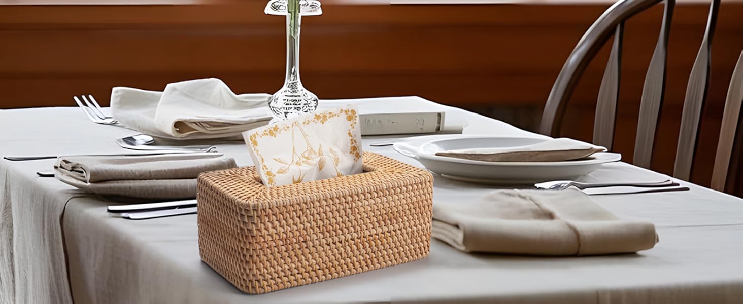Склянка для серветок з ротангу, плетена коробка для серветок прямокутної форми, декоративна склянка для серветок для кухні, вітальні, ванної кімнати (біла)