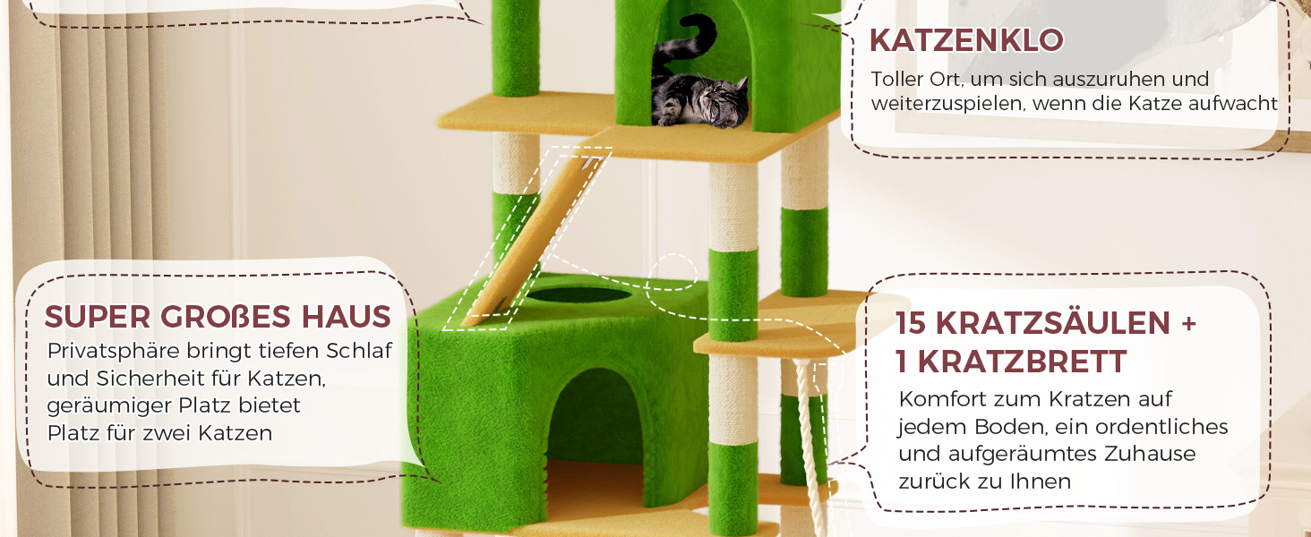 Великий котячий комплекс Kratzbaum 208 см з 3 анти-нахилом, 15 стовпчиками для дряпання, 2 платформами, 2 ховалами, 1 рампою для дряпання та гамаком. Стабільний котячий будиночок для великих котів (зелений + жовтий)