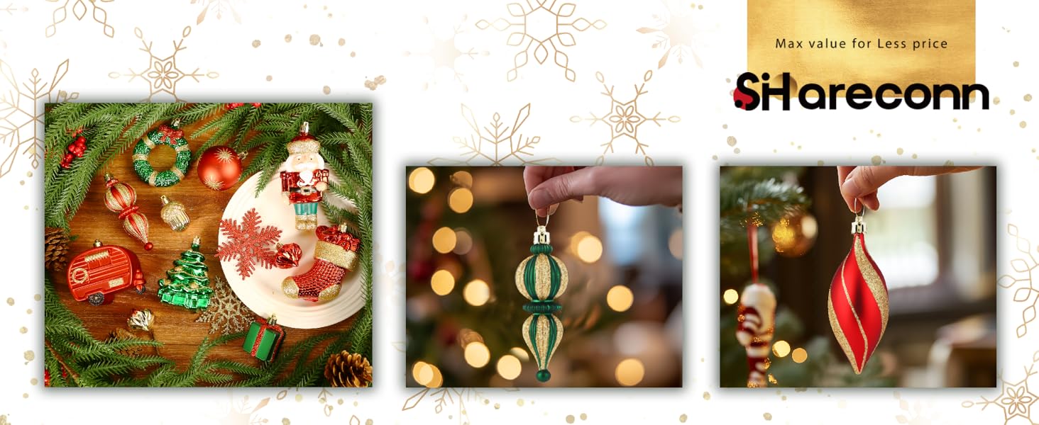 Набір прикрас на ялинку Shareconn 135 шт. - міцні ялинкові кулі з мотузкою, різні розміри та кольори (червоний, зелений, золотий) для декору ялинки в приміщенні та на вулиці