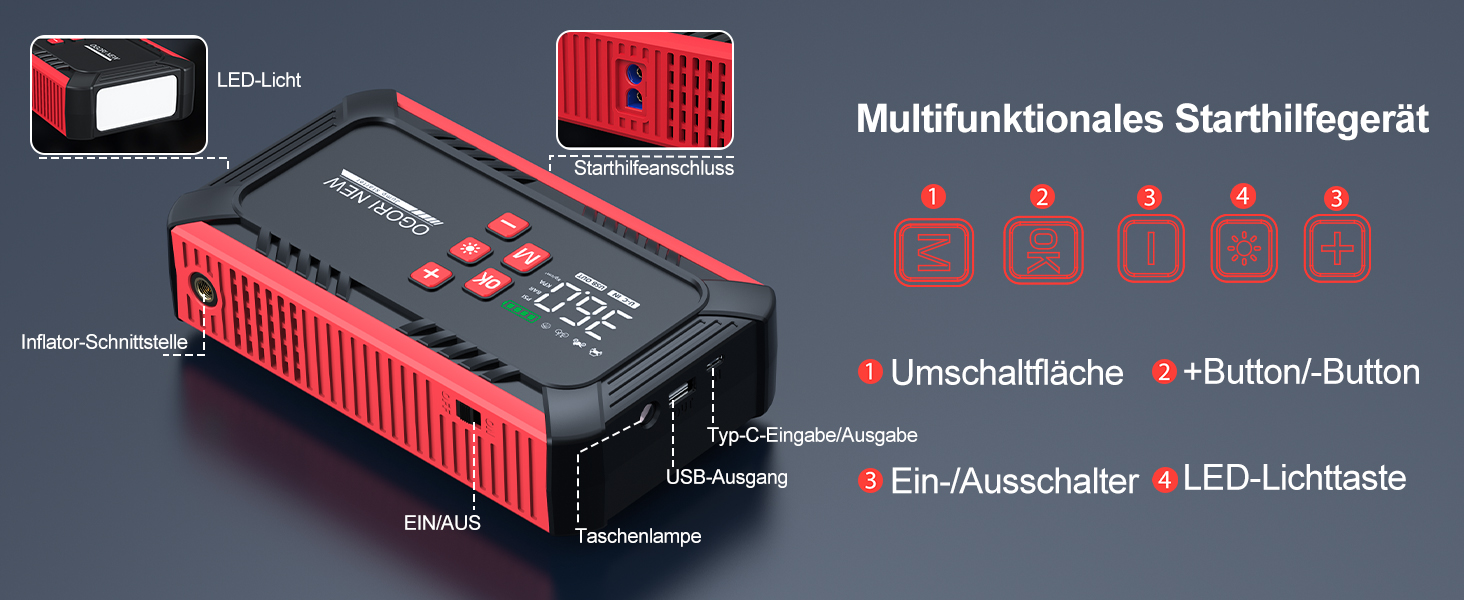 Портативний акумулятор для запуску авто 7000A з компресором 150PSI, 12V. Запуск бензинових (8л) та дизельних (10л) двигунів, прикурювач, LED ліхтарик.