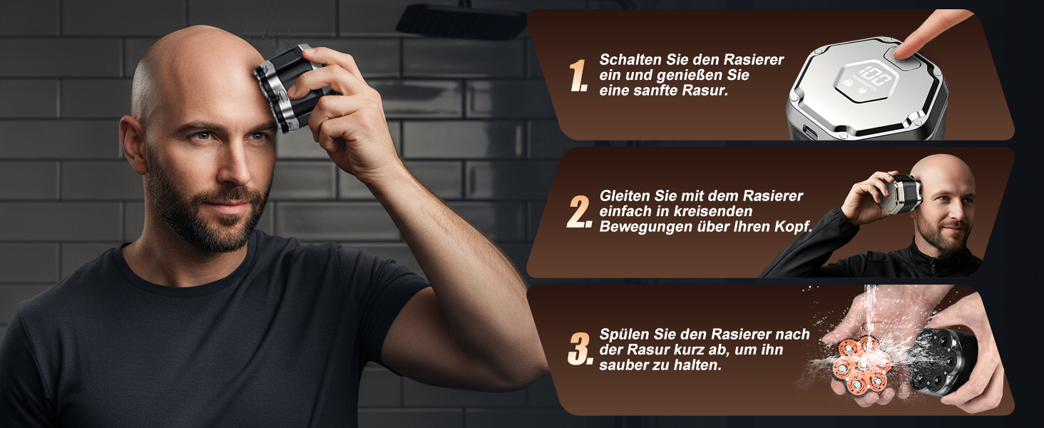 Електрична бритва для голови Glatzenrasierer Herren 7D з LED дисплеєм, водонепроникна (IPX5), чорна
