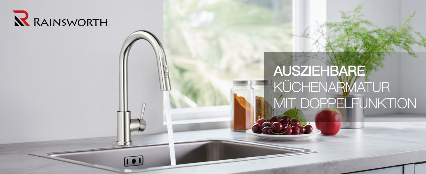 Кран кухонний Rainsworth з висувною лійкою та душем, 360° поворот, нержавіюча сталь, висота 56 см