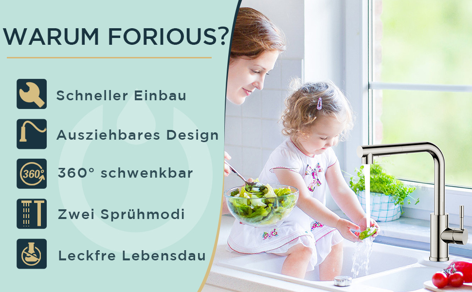 Змішувач кухонний FORIOUS з висувною лійкою та душем, 360° обертання, 2 режими, нержавіюча сталь