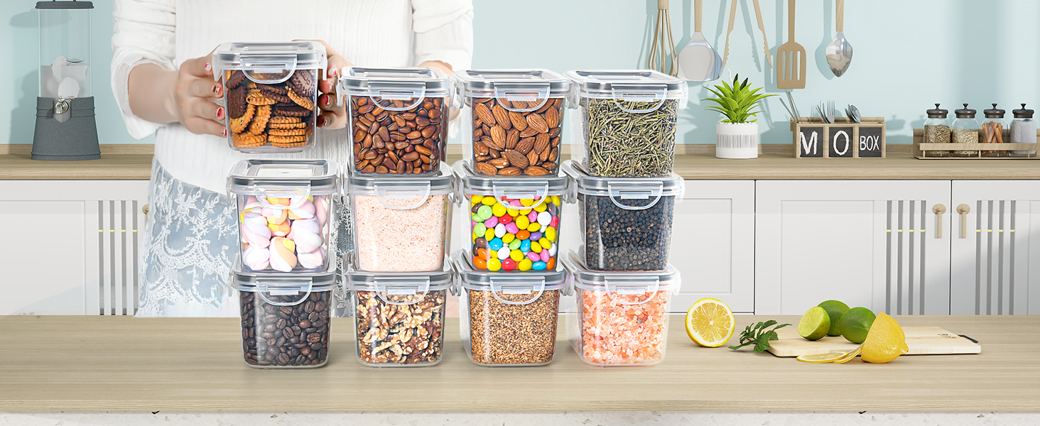 Контейнери для зберігання GoMaihe 12 шт. з кришкою: набір для кухні, 800 мл, з етикетками. Їдальня для їжі, крупи, цукру та спецій. Без BPA, придатні для миття в посудомийній машині. Чорний колір, 0.8 л x 12 шт.