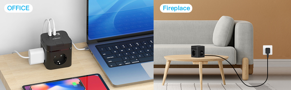 Багатофункціональний USB-розподільник 6 в 1 з USB-C, 3 розетки, індивідуальне вмикання, куб, кабель, для офісу, дому, подорожей (4M, чорний)