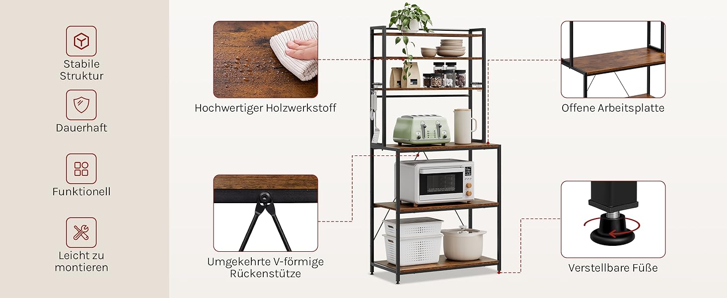 Стелаж кухонний WOLTU з 6 полицями, металевий з інженерної деревини, 60x167x40 см, коричневий+чорний
