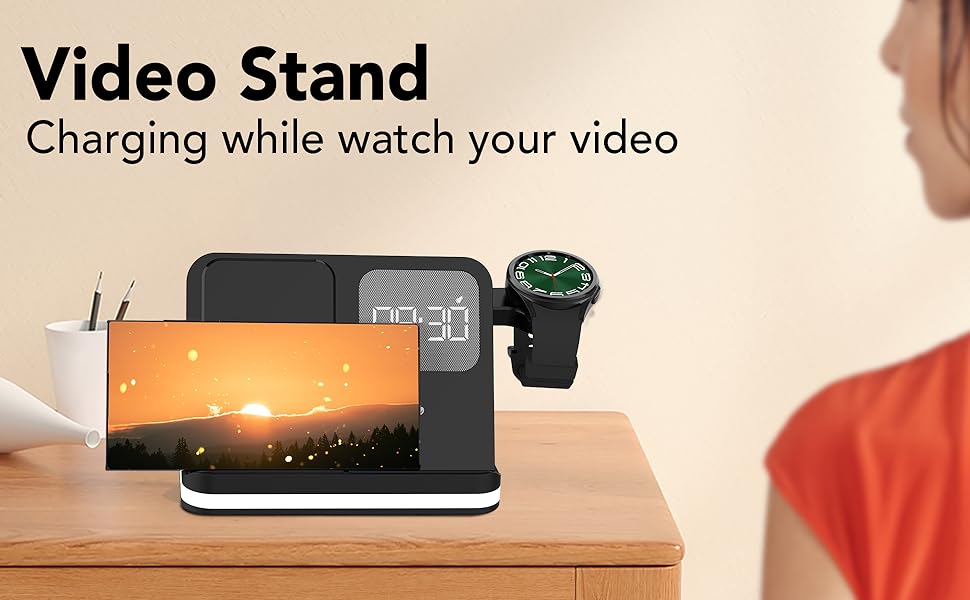 Бездротова зарядка 4-в-1 з будильником для Samsung Galaxy: Watch, Buds, Fold, Flip, S-серії (чорний)