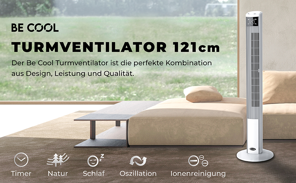 Вентилятор турецький Be Cool 121 см, 3 швидкості, осциляція, LED-дисплей, таймер 12год, іонізатор, пульт, білий, 45W