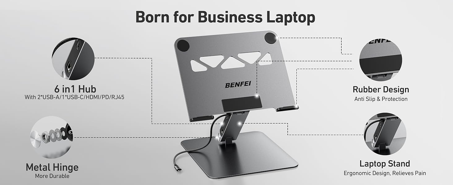 Підставка для ноутбука BENFEI з док-станцією USB-C 6-в-1: HDMI (4K@60Hz), Gigabit LAN, 100W Power Delivery, 10Gbps (1x USB-C 3.2 & 2x USB-A 3.2) – сумісна з MacBook Pro/Air, iPad Pro, XPS, ThinkPad