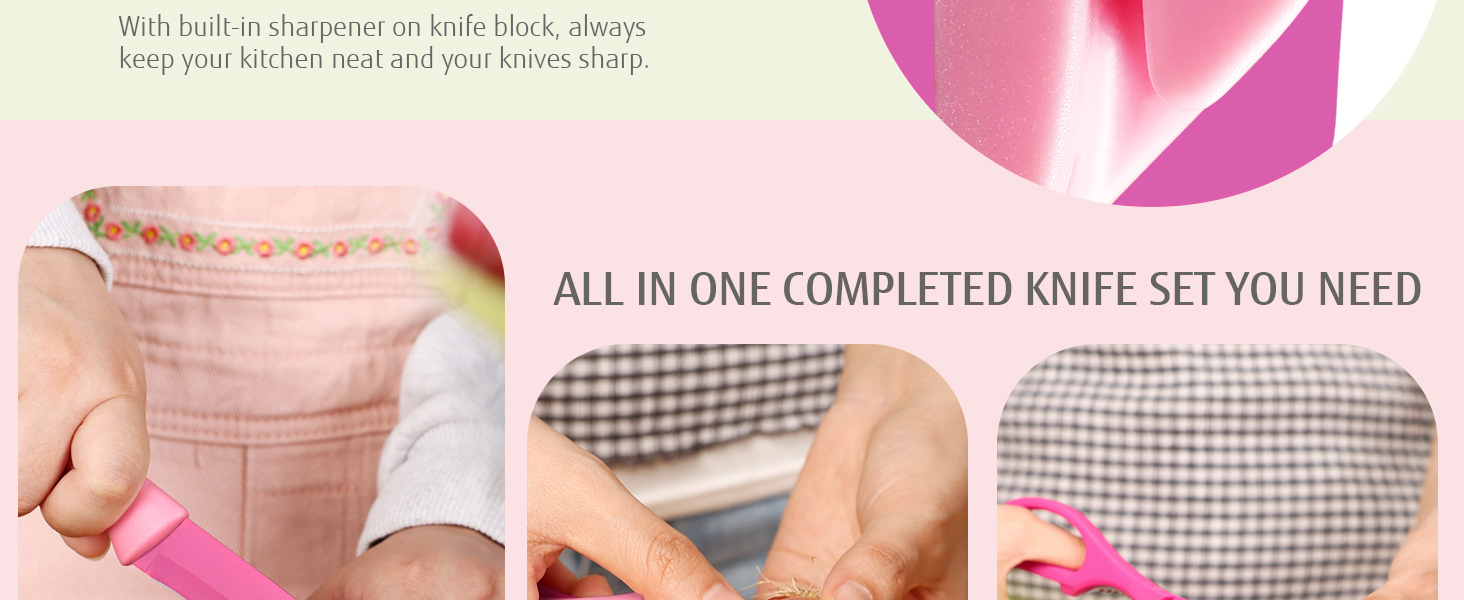 Набір ножів Hecef 14 предметів у блоці, з антипригарним покриттям, для посудомийної машини, самозаточуваний, ергономічні ручки, кухонний набір для будь-якої кухні (рожевий)