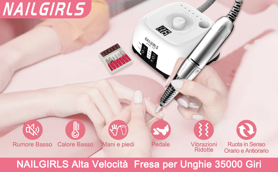 Електрична машинка для манікюру та педикюру Nailgirls 11 в 1 з LED-дисплеєм та педаллю, 35000 об/хв, для гелю та акрилу