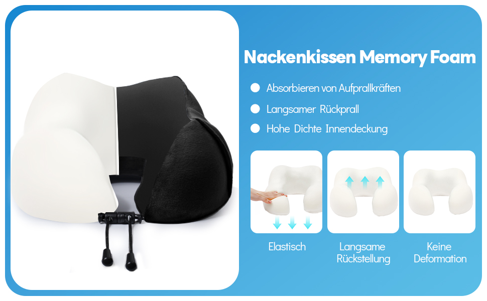 Подушка для шиї у літак - туристична подушка з memory foam, ергономічна форма - з маскою для сну, навушниками, сумкою - ідеальна для подорожей, офісу, дому (Чорний)