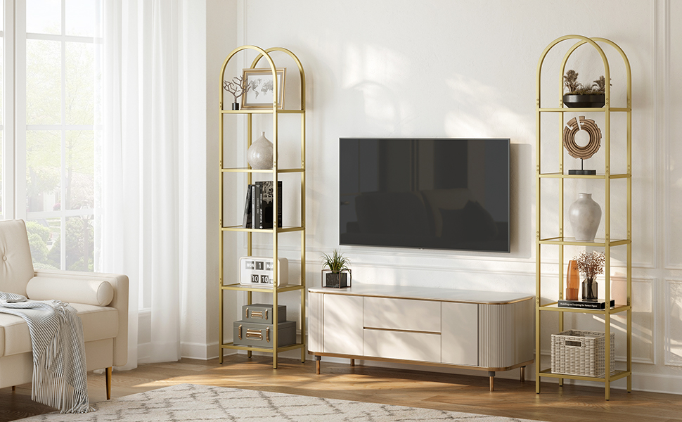Стильна полиця VASAGLE Regal з 5 рівнями, з прозорого скла та металу, для вітальні, спальні, кабінету, ванної кімнати, колір металік золото, LGT501A01, 40B x 183,5H см