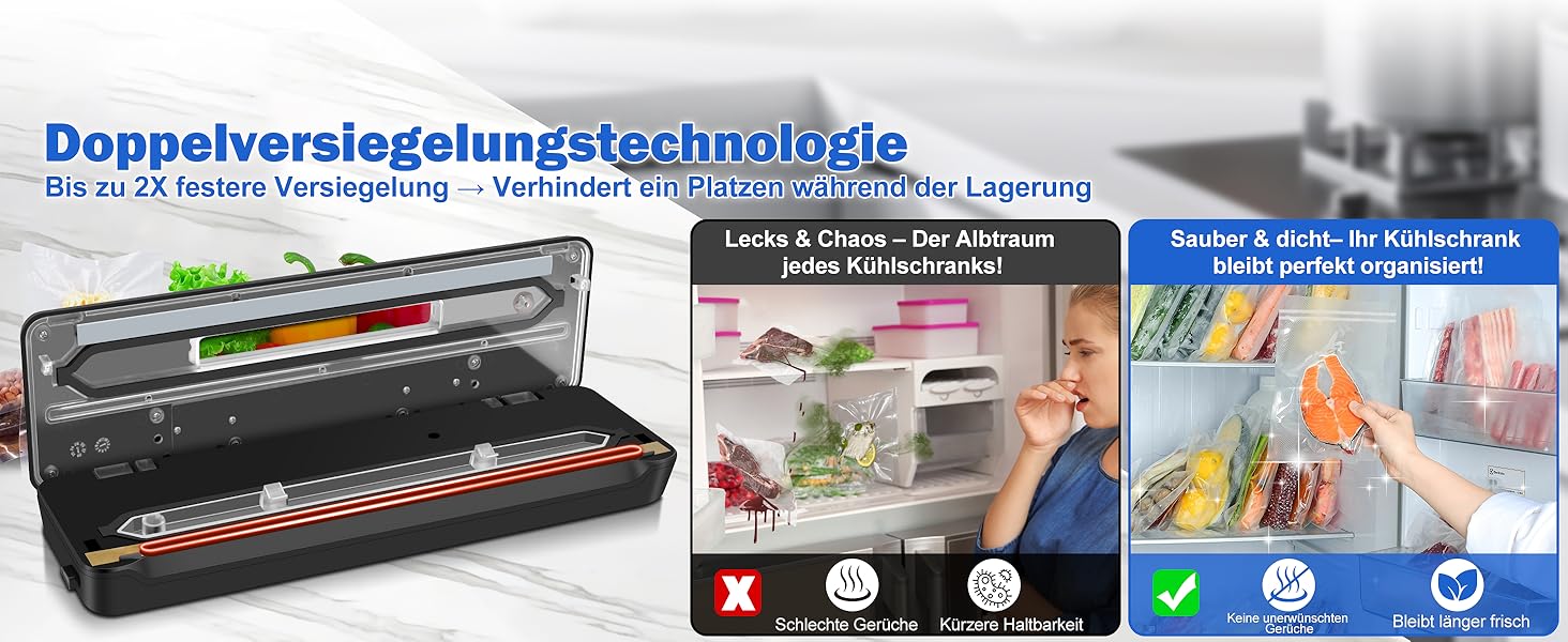 Вакуумний упаковник KLGFI 7-в-1: професійний, з подвійною зварювальною лінією, з різаком та цифровим таймером, комплект з 50 пакетами, срільно-чорний