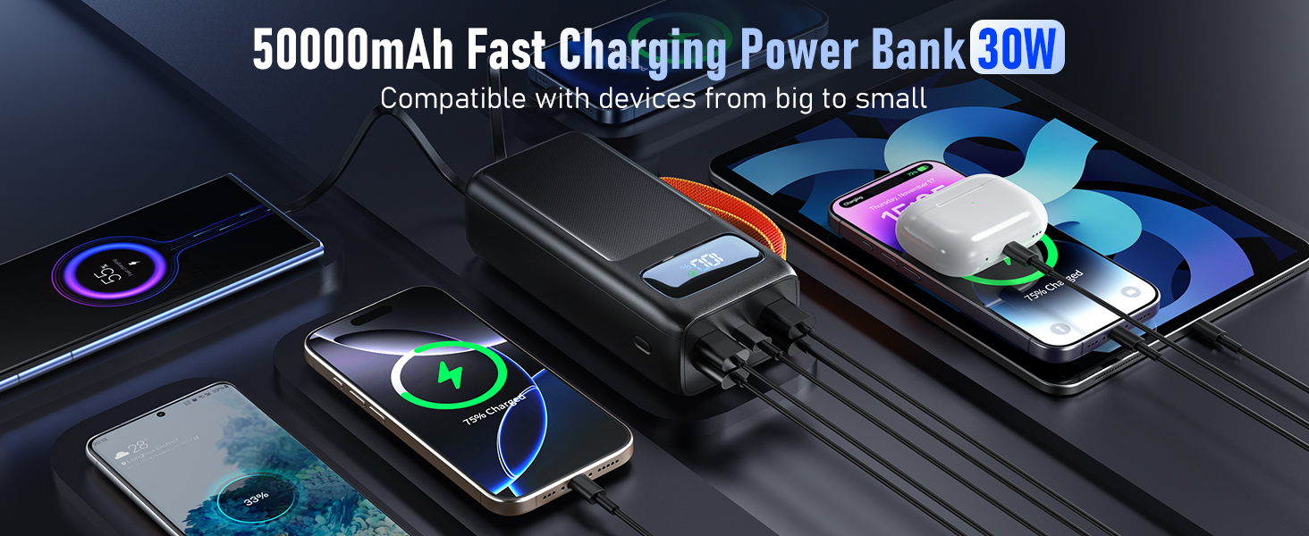 Портативний зарядний пристрій Power Bank 50000mAh з PD 30W, LED-дисплеєм, 7 виходами, ліхтариком та USB-C кабелем. Чорний.