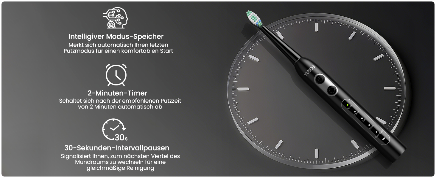 Електрична зубна щітка YUNCHI C2 з 40000 VPM, звукова щітка для дорослих, зарядка USB-C, 55 днів роботи від акумулятора, 5 режимів чищення, таймер 2 хвилини, 8 насадок, дорожній футляр, чорна YUNCHI C2