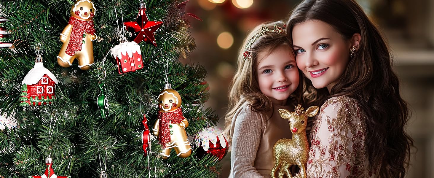 Набір прикрас на ялинку Shareconn 65 шт. з пластику, міцні ялинкові кулі з мотузкою, різного розміру та дизайну, декор для ялинки, червоний та білий (червоний, зелений, білий)