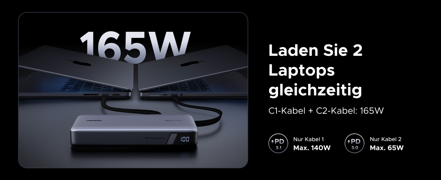 Power Bank UGREEN Nexode 25000mAh 165W з 2 USB-C кабелями (140W PD3.1) для MacBook Pro, Dell XPS, iPad Pro, Steam Deck, Galaxy S25 Ultra, iPhone 17