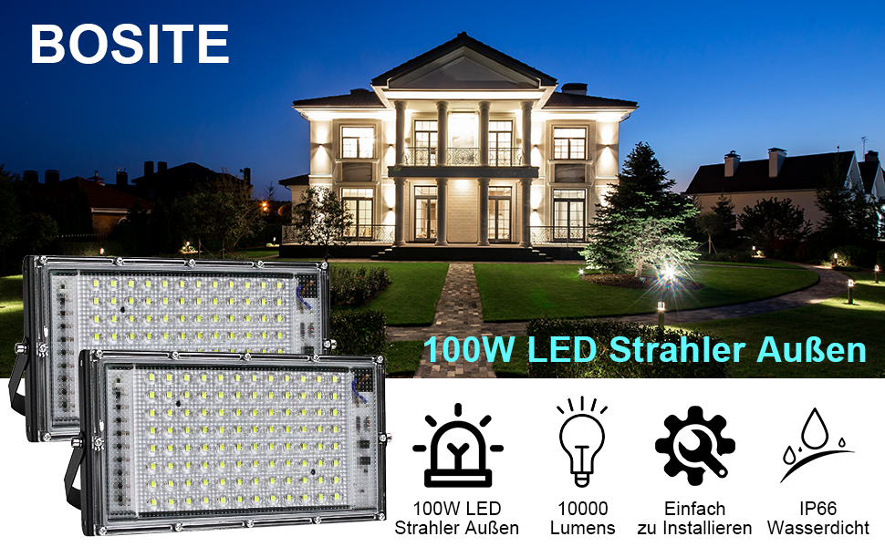 BOSITE LED прожектор для вулиці 100 Вт, 2 шт, холодне світло 6500K, 10000 Лм, IP65, водонепроникний світлодіодний ліхтар для двору, воріт, газону, гаража, стадіону, майданчика