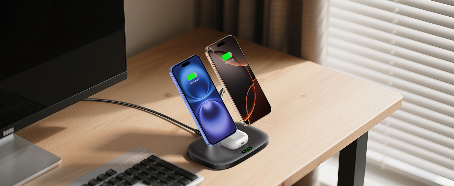 Бездротова зарядка SwanScout для iPhone 17/Air, AirPods Pro 3/2, 2 телефони, чорний