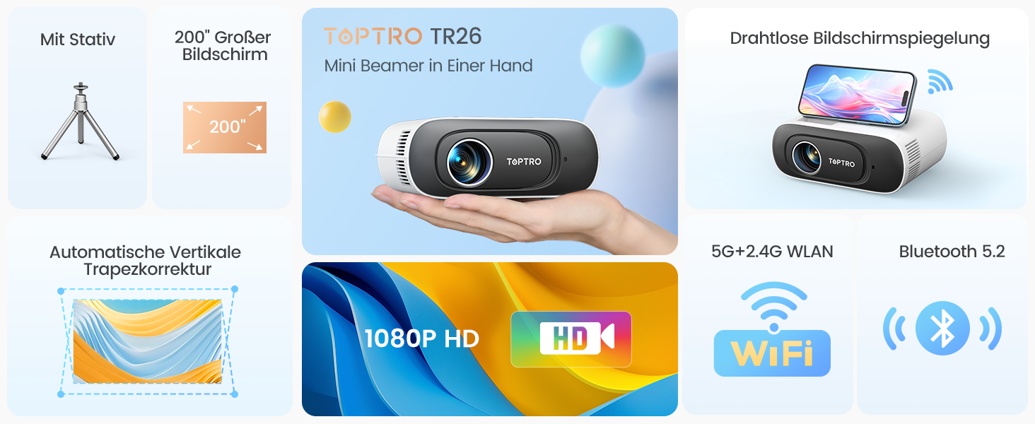 Портативний проєктор Mini Beamer 4K з підтримкою Android 13, WiFi 6, Bluetooth 5.4, обертання 270°, автотрапецеїдна корекція, HDMI/Android/iOS/PC/USB, білий (блакитний)