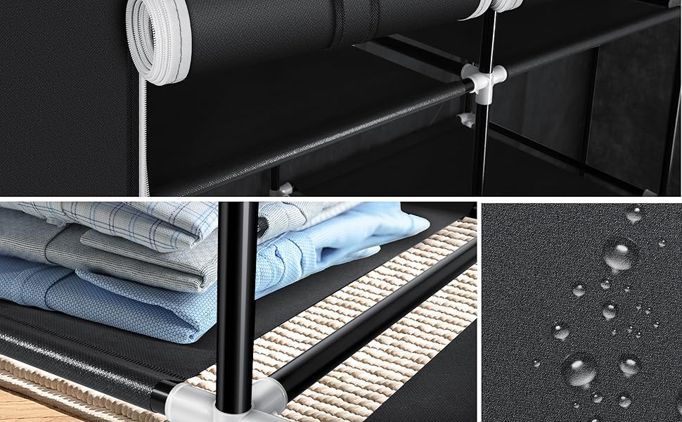 KESSER® Wardrobe Fabric Clothes Rack Stable with Clothes Rail & Shelves, Incl. 5x Clothes Hangers, Fabric Folding Wardrobe for Bedroom, Dressing Room Clothes Rack 150x45x175cm (Black)