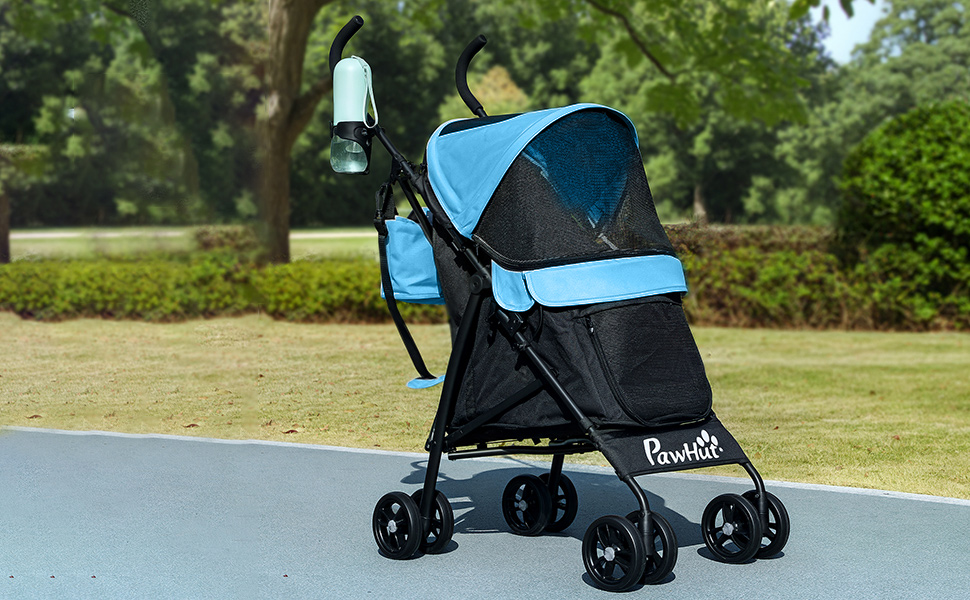Візок для собак PawHut - блакитний, з розкладним дахом, миється, з підстаканником та кишенькою
