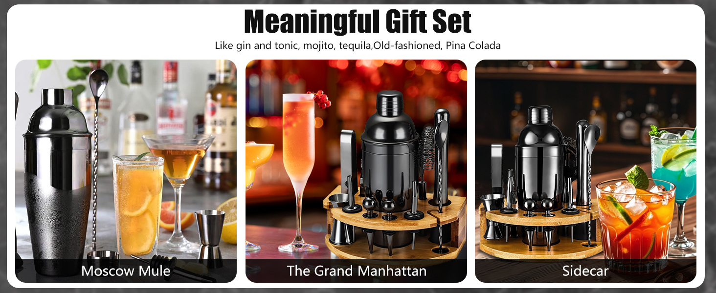 Набір для приготування коктейлів, 12 предметів, нержавіюча сталь, 750 мл, з дерев'яною підставкою та книгою рецептів