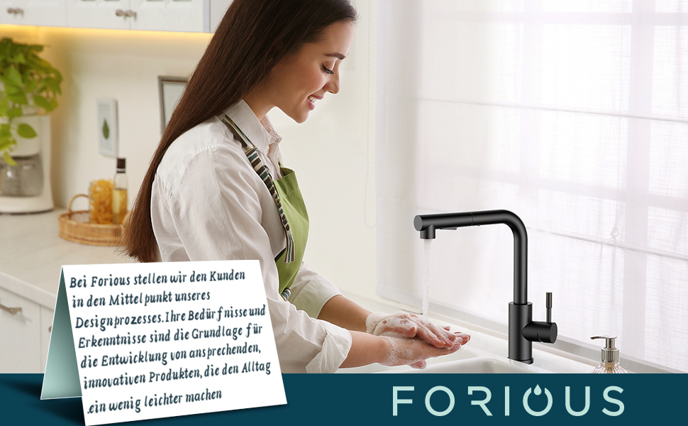 Кран FORIOUS для кухні з висувною лійкою, душовою насадкою, поворотний на 360°, 2 режими розпилення, матовий чорний